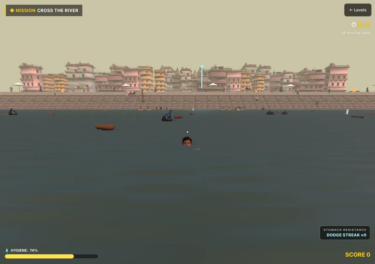 Indian Simulator game — swimming across a fictional river obstacle course