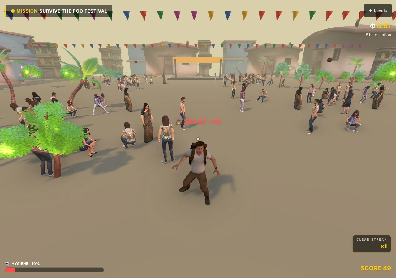 Indian Simulator game — dodging through a dense fictional festival course