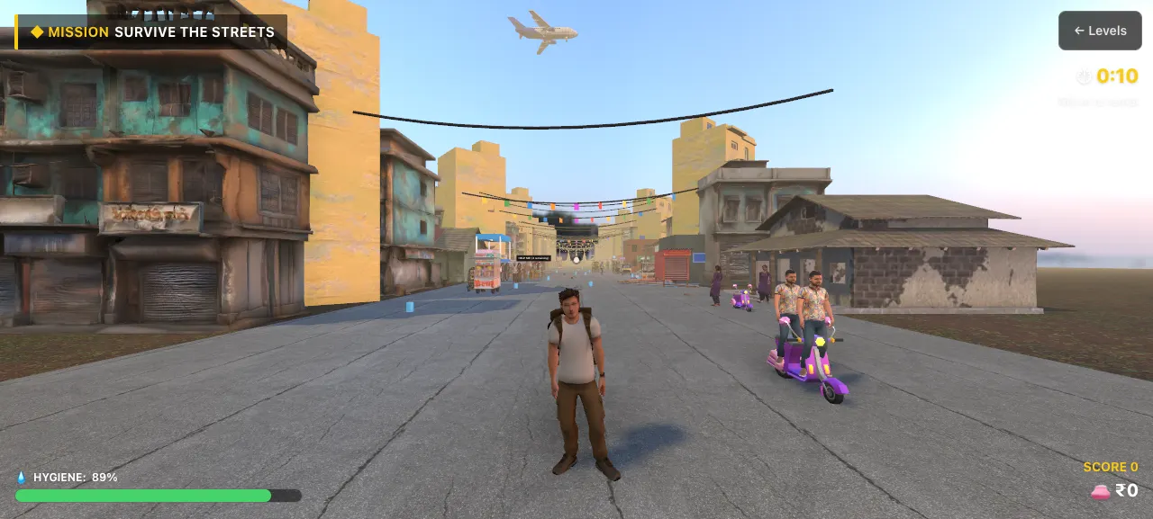 Indian Simulator game — first-person gameplay from Survive the Streets, rendered live in the browser
