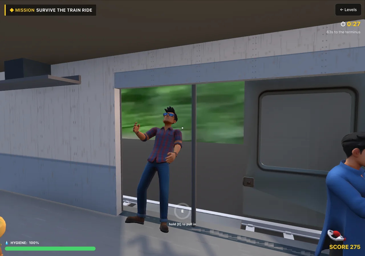 Indian Simulator game — holding a passenger in the open train doorway as the tracks blur past